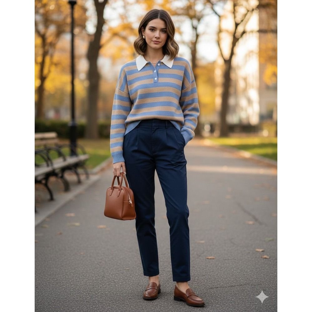 New WAYF Sweater Womens Cindy M Medium Collared Striped Knit Pullover Blue Logan